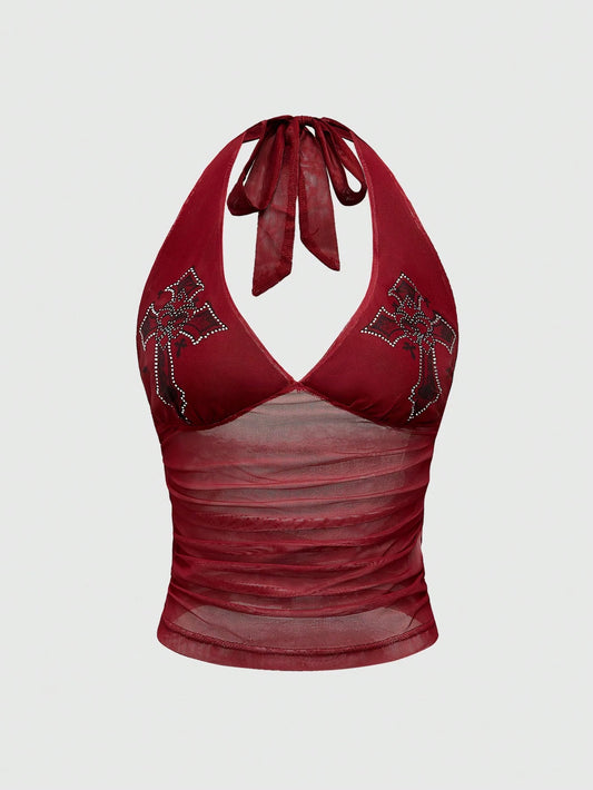 ROMWE Goth Cross Rhinestone Mesh Side Ruched Halter Top, For Carnival