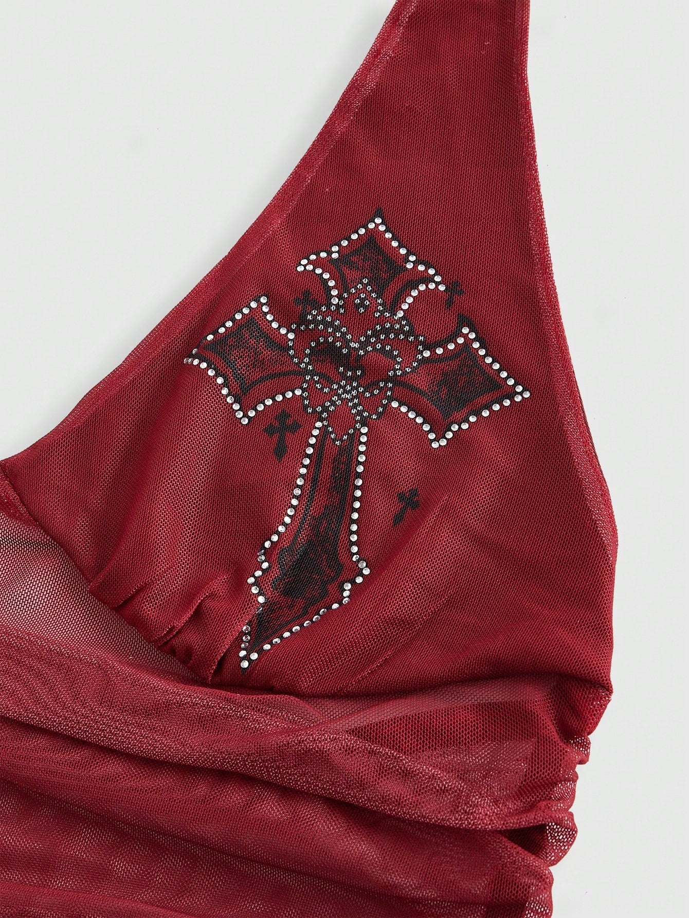 ROMWE Goth Cross Rhinestone Mesh Side Ruched Halter Top, For Carnival