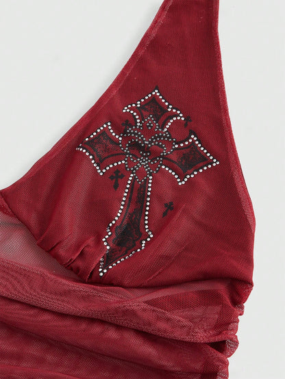 ROMWE Goth Cross Rhinestone Mesh Side Ruched Halter Top, For Carnival