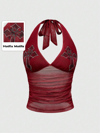 ROMWE Goth Cross Rhinestone Mesh Side Ruched Halter Top, For Carnival