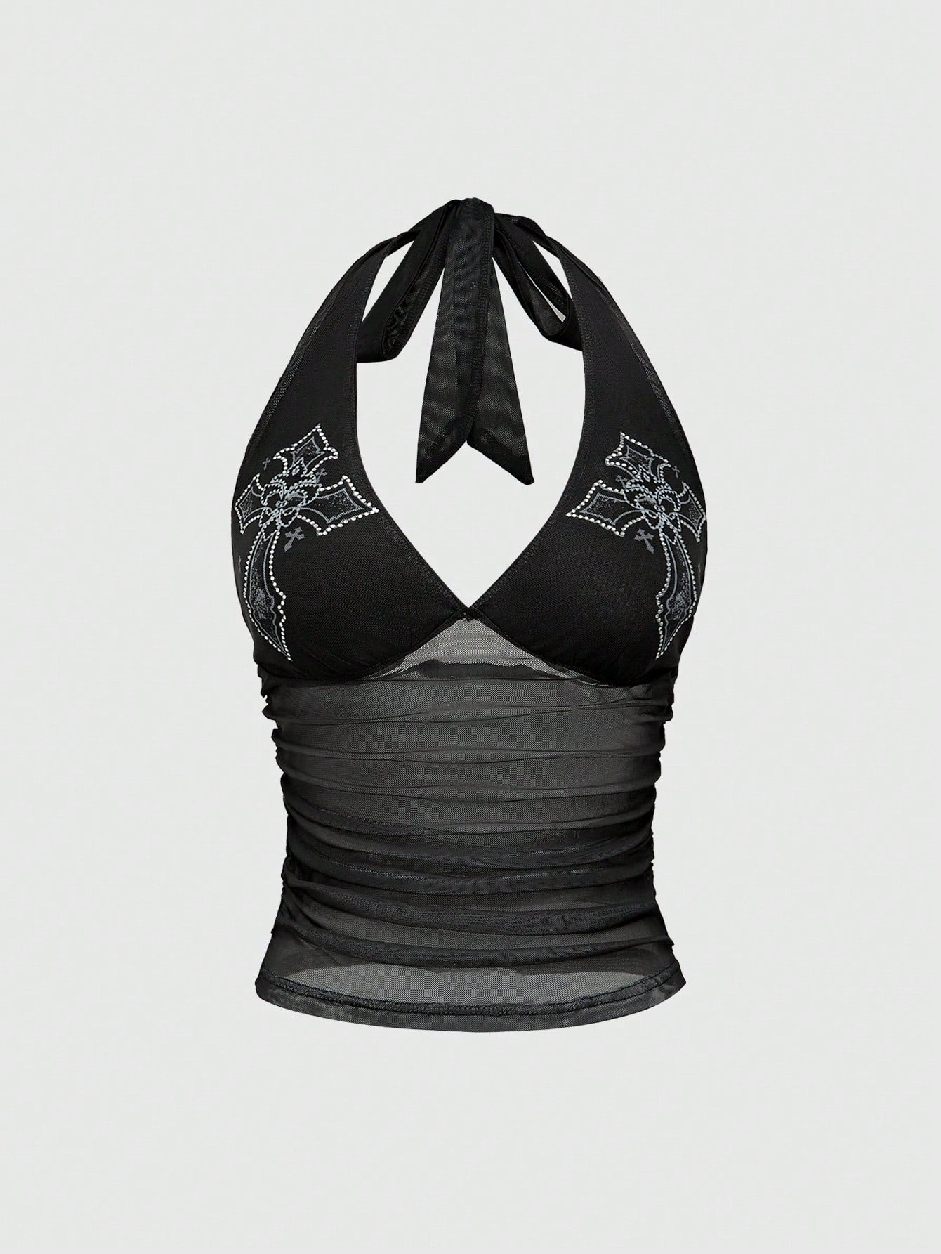 ROMWE Goth Cross Rhinestone Mesh Side Ruched Halter Top, For Carnival