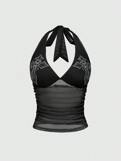 ROMWE Goth Cross Rhinestone Mesh Side Ruched Halter Top, For Carnival