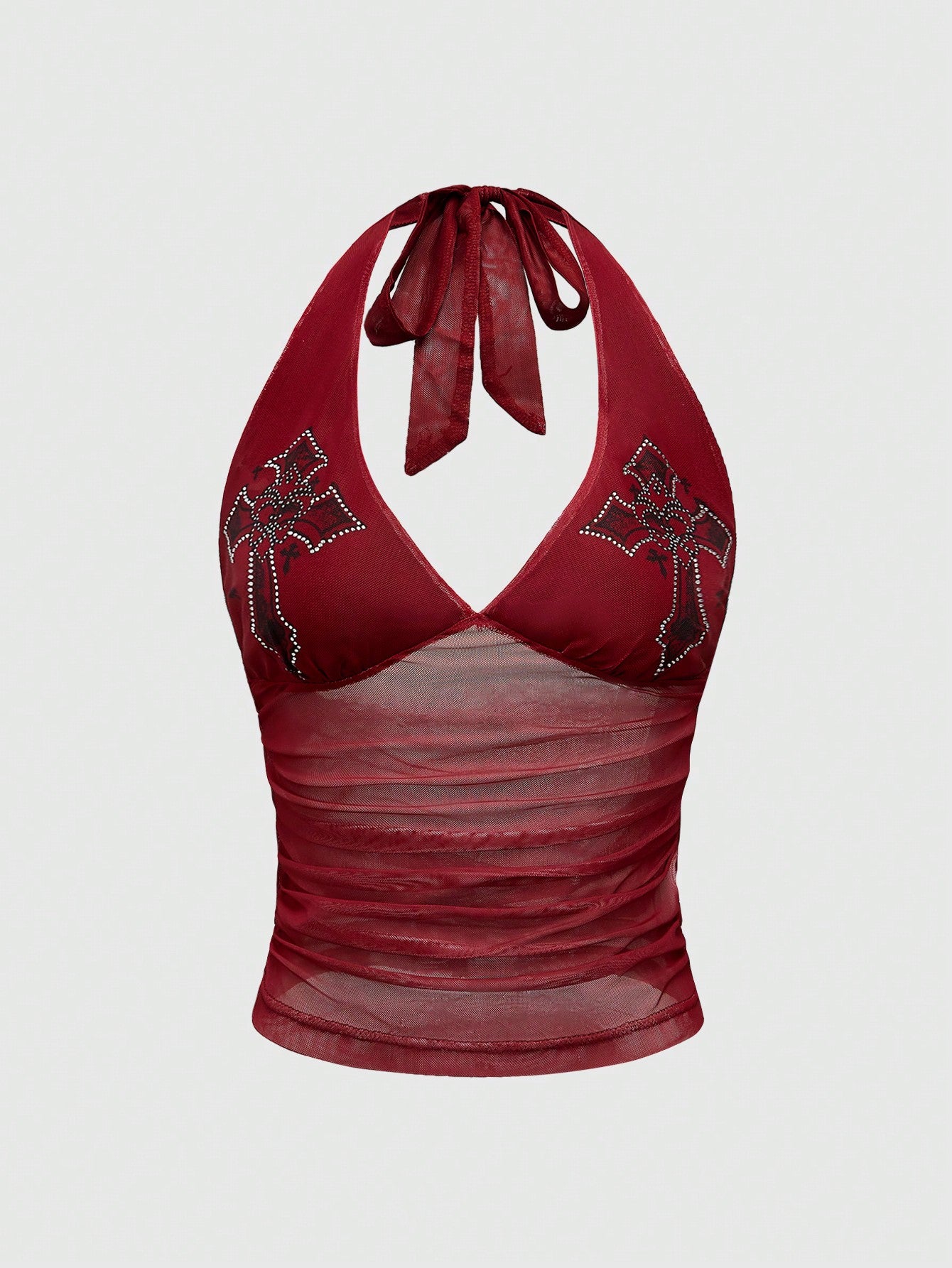 ROMWE Goth Cross Rhinestone Mesh Side Ruched Halter Top, For Carnival