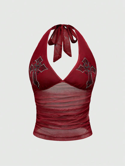 ROMWE Goth Cross Rhinestone Mesh Side Ruched Halter Top, For Carnival