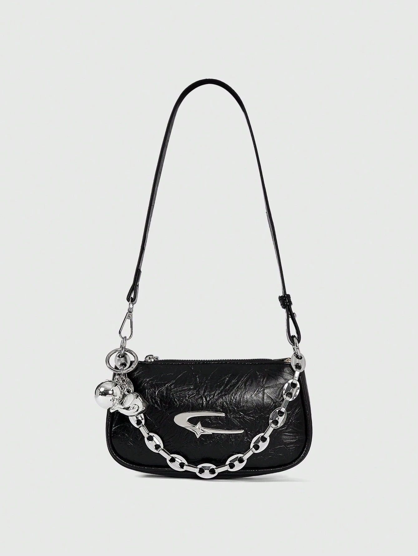 ROMWE Grunge Punk Fashionable Women's Square Crossbody Bag, PU Material, Metal Star Decor, Chain Strap, Ball Decor, Y2K Metallic Vibe, Suitable For Daily Use, Work Commute, Gift For Friends, Holiday