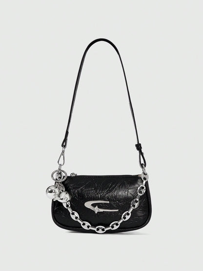 ROMWE Grunge Punk Fashionable Women's Square Crossbody Bag, PU Material, Metal Star Decor, Chain Strap, Ball Decor, Y2K Metallic Vibe, Suitable For Daily Use, Work Commute, Gift For Friends, Holiday