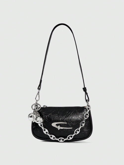 ROMWE Grunge Punk Fashionable Women's Square Crossbody Bag, PU Material, Metal Star Decor, Chain Strap, Ball Decor, Y2K Metallic Vibe, Suitable For Daily Use, Work Commute, Gift For Friends, Holiday