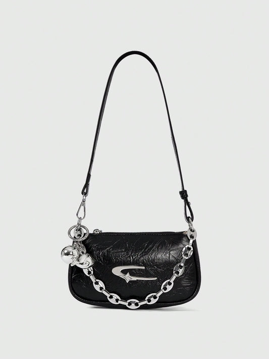 ROMWE Grunge Punk Fashionable Women's Square Crossbody Bag, PU Material, Metal Star Decor, Chain Strap, Ball Decor, Y2K Metallic Vibe, Suitable For Daily Use, Work Commute, Gift For Friends, Holiday