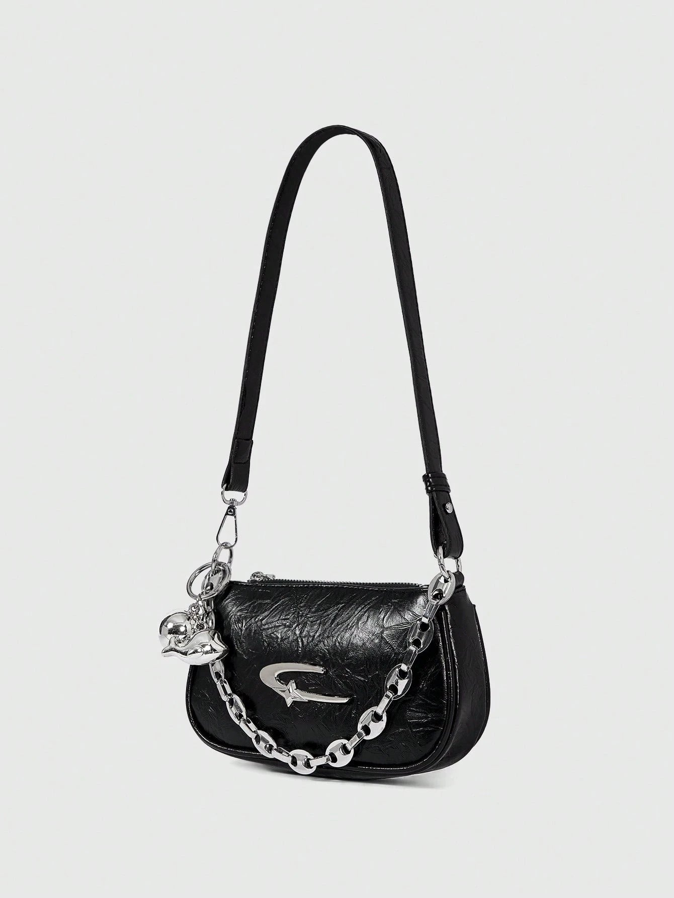 ROMWE Grunge Punk Fashionable Women's Square Crossbody Bag, PU Material, Metal Star Decor, Chain Strap, Ball Decor, Y2K Metallic Vibe, Suitable For Daily Use, Work Commute, Gift For Friends, Holiday