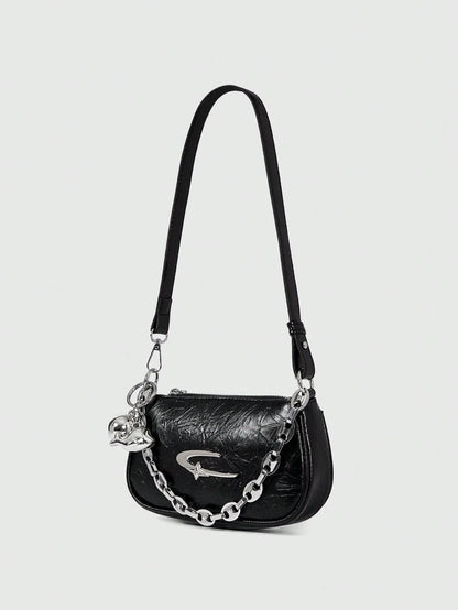 ROMWE Grunge Punk Fashionable Women's Square Crossbody Bag, PU Material, Metal Star Decor, Chain Strap, Ball Decor, Y2K Metallic Vibe, Suitable For Daily Use, Work Commute, Gift For Friends, Holiday