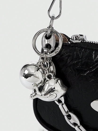 ROMWE Grunge Punk Fashionable Women's Square Crossbody Bag, PU Material, Metal Star Decor, Chain Strap, Ball Decor, Y2K Metallic Vibe, Suitable For Daily Use, Work Commute, Gift For Friends, Holiday