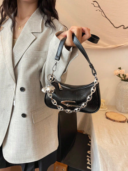 ROMWE Grunge Punk Fashionable Women's Square Crossbody Bag, PU Material, Metal Star Decor, Chain Strap, Ball Decor, Y2K Metallic Vibe, Suitable For Daily Use, Work Commute, Gift For Friends, Holiday
