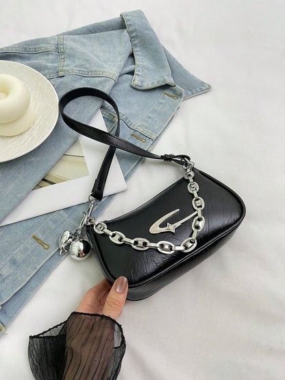ROMWE Grunge Punk Fashionable Women's Square Crossbody Bag, PU Material, Metal Star Decor, Chain Strap, Ball Decor, Y2K Metallic Vibe, Suitable For Daily Use, Work Commute, Gift For Friends, Holiday