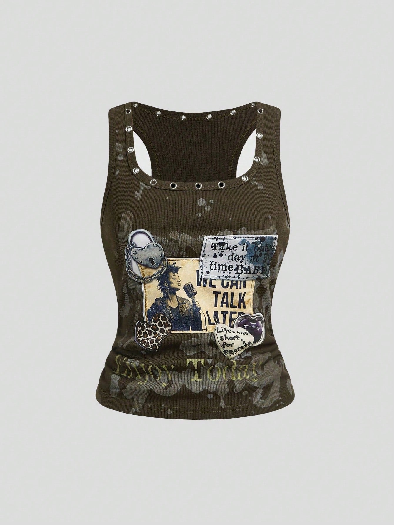 ROMWE Grunge Punk Grunge Style Distressed Vintage Punk Metal Rivet Embroidered Patch Tight Fit Women Tank Top