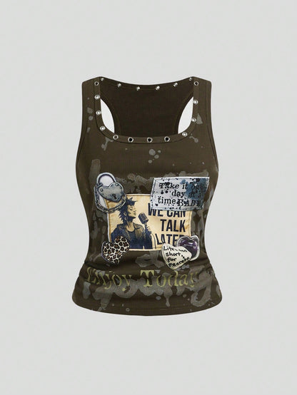 ROMWE Grunge Punk Grunge Style Distressed Vintage Punk Metal Rivet Embroidered Patch Tight Fit Women Tank Top