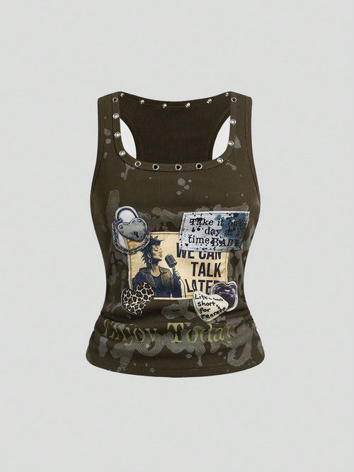 ROMWE Grunge Punk Grunge Style Distressed Vintage Punk Metal Rivet Embroidered Patch Tight Fit Women Tank Top