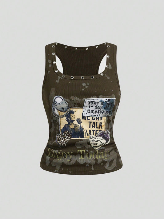 ROMWE Grunge Punk Grunge Style Distressed Vintage Punk Metal Rivet Embroidered Patch Tight Fit Women Tank Top