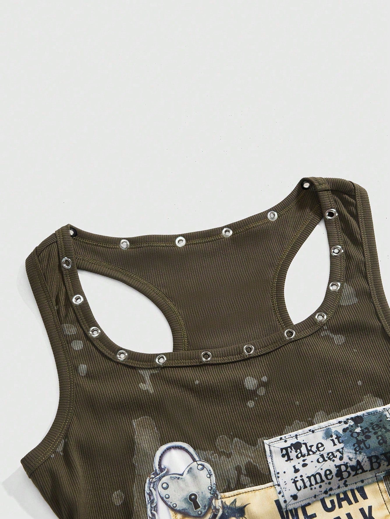 ROMWE Grunge Punk Grunge Style Distressed Vintage Punk Metal Rivet Embroidered Patch Tight Fit Women Tank Top