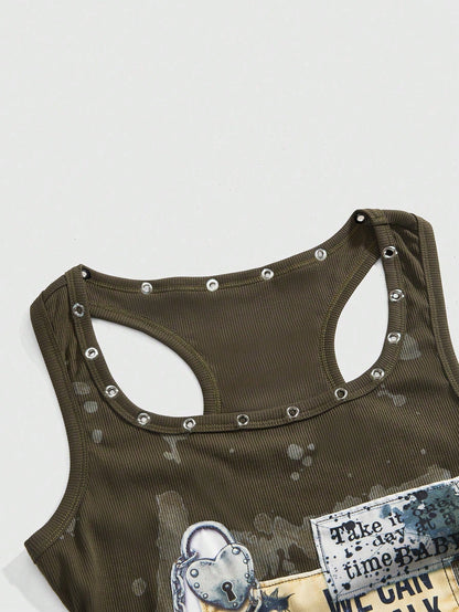 ROMWE Grunge Punk Grunge Style Distressed Vintage Punk Metal Rivet Embroidered Patch Tight Fit Women Tank Top