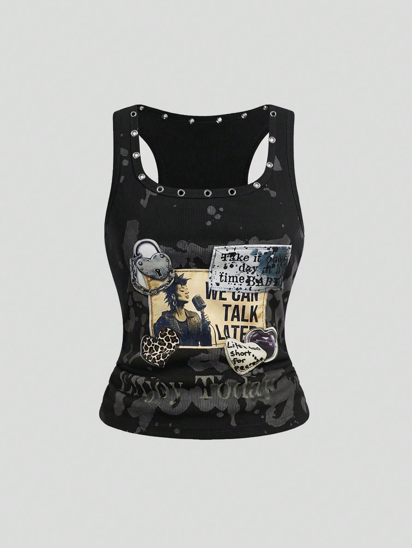 ROMWE Grunge Punk Grunge Style Distressed Vintage Punk Metal Rivet Embroidered Patch Tight Fit Women Tank Top