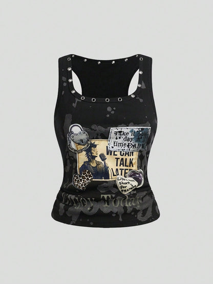 ROMWE Grunge Punk Grunge Style Distressed Vintage Punk Metal Rivet Embroidered Patch Tight Fit Women Tank Top