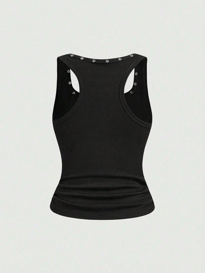 ROMWE Grunge Punk Grunge Style Distressed Vintage Punk Metal Rivet Embroidered Patch Tight Fit Women Tank Top