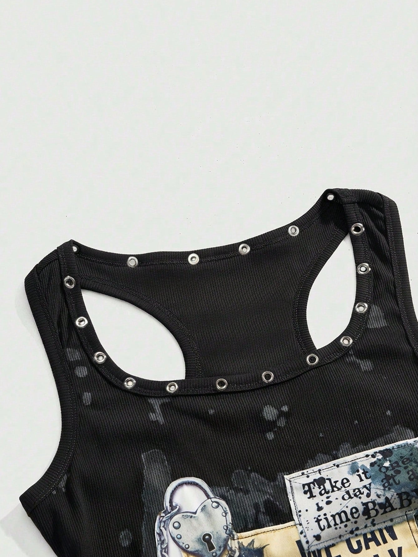 ROMWE Grunge Punk Grunge Style Distressed Vintage Punk Metal Rivet Embroidered Patch Tight Fit Women Tank Top