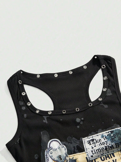 ROMWE Grunge Punk Grunge Style Distressed Vintage Punk Metal Rivet Embroidered Patch Tight Fit Women Tank Top
