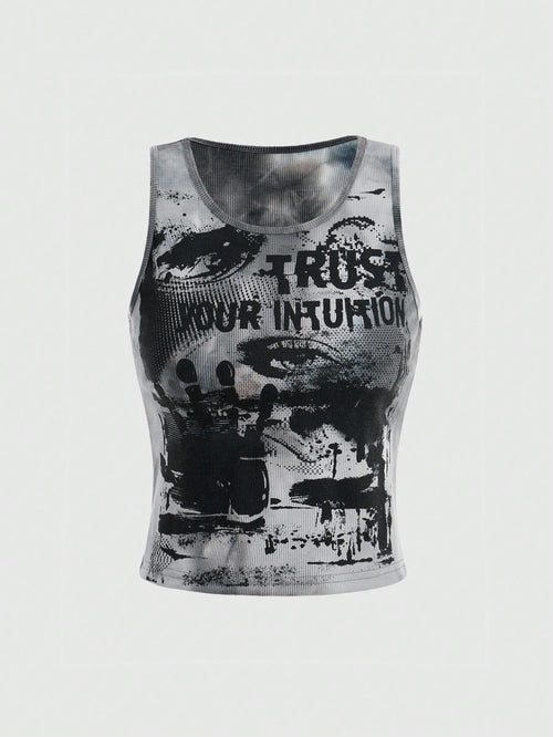ROMWE Grunge Punk Kpop Tie Dye Eye & Letter Graphic Tank Top, School