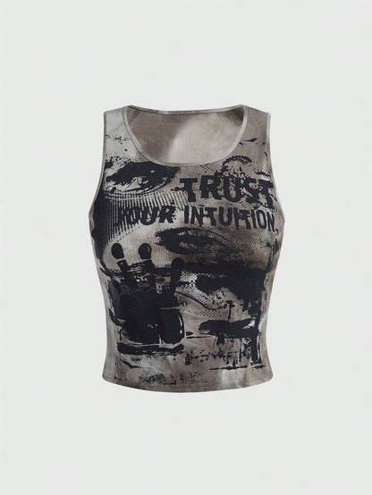 ROMWE Grunge Punk Kpop Tie Dye Eye & Letter Graphic Tank Top, School