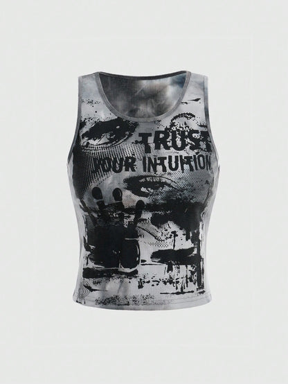ROMWE Grunge Punk Kpop Tie Dye Eye & Letter Graphic Tank Top, School