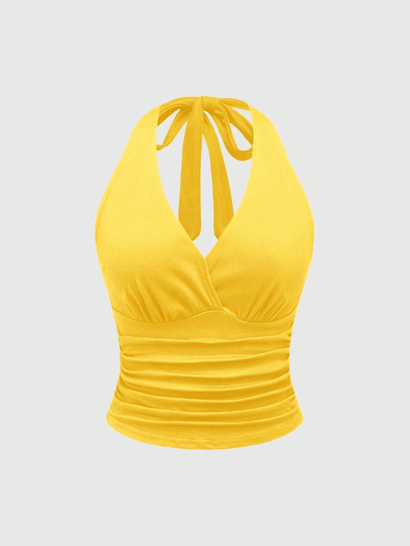 ROMWE Grunge Punk Spring|Summer Carnival Beach Vacation Y2K Style Solid Color Ruched Waist Halter Neck Women Yellow Top