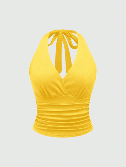 ROMWE Grunge Punk Spring|Summer Carnival Beach Vacation Y2K Style Solid Color Ruched Waist Halter Neck Women Yellow Top