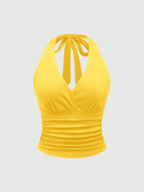 ROMWE Grunge Punk Spring|Summer Carnival Beach Vacation Y2K Style Solid Color Ruched Waist Halter Neck Women Yellow Top