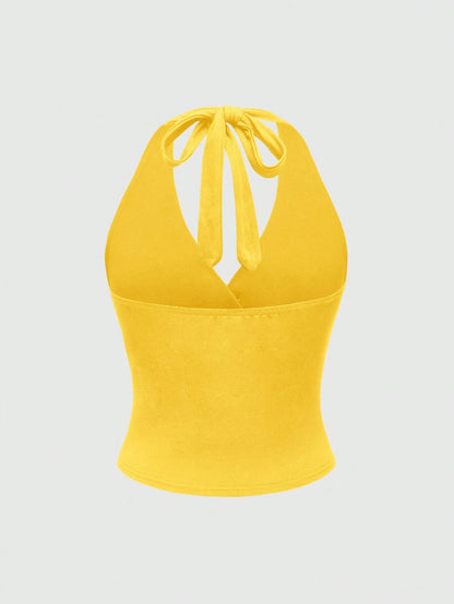 ROMWE Grunge Punk Spring|Summer Carnival Beach Vacation Y2K Style Solid Color Ruched Waist Halter Neck Women Yellow Top