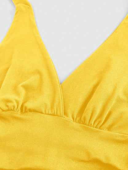 ROMWE Grunge Punk Spring|Summer Carnival Beach Vacation Y2K Style Solid Color Ruched Waist Halter Neck Women Yellow Top