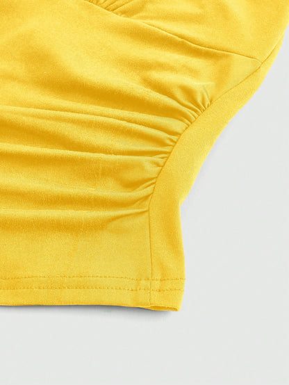 ROMWE Grunge Punk Spring|Summer Carnival Beach Vacation Y2K Style Solid Color Ruched Waist Halter Neck Women Yellow Top