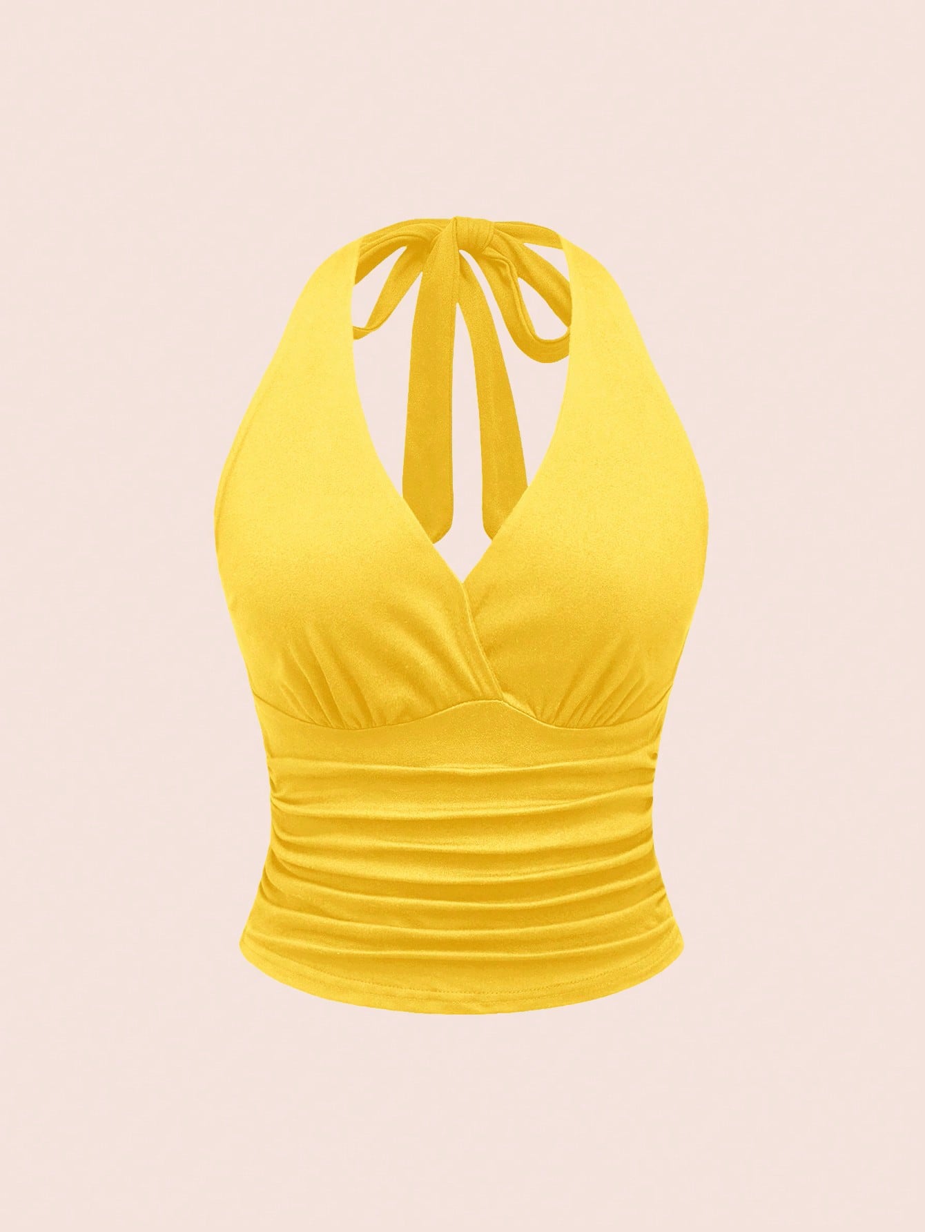 ROMWE Grunge Punk Spring|Summer Carnival Beach Vacation Y2K Style Solid Color Ruched Waist Halter Neck Women Yellow Top