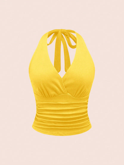 ROMWE Grunge Punk Spring|Summer Carnival Beach Vacation Y2K Style Solid Color Ruched Waist Halter Neck Women Yellow Top