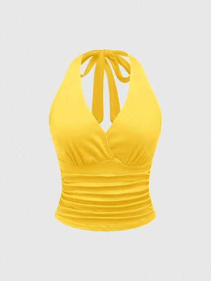ROMWE Grunge Punk Spring|Summer Carnival Beach Vacation Y2K Style Solid Color Ruched Waist Halter Neck Women Yellow Top
