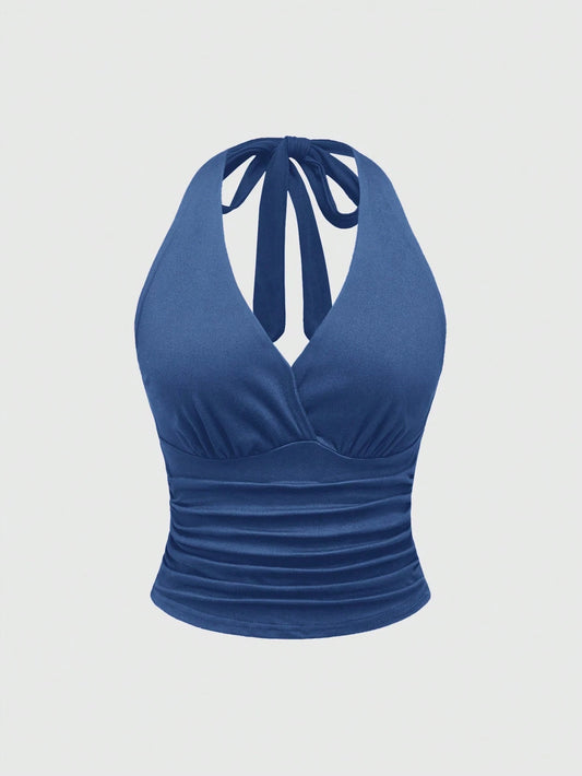 ROMWE Grunge Punk Spring/Summer Carnival Party Casual Women's Sexy Solid Color Open Back Halter Neck Blue Sleeveless Top, Summer