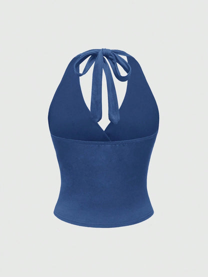 ROMWE Grunge Punk Spring/Summer Carnival Party Casual Women's Sexy Solid Color Open Back Halter Neck Blue Sleeveless Top, Summer