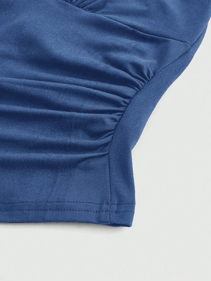 ROMWE Grunge Punk Spring/Summer Carnival Party Casual Women's Sexy Solid Color Open Back Halter Neck Blue Sleeveless Top, Summer