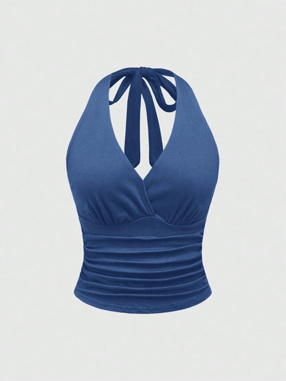 ROMWE Grunge Punk Spring/Summer Carnival Party Casual Women's Sexy Solid Color Open Back Halter Neck Blue Sleeveless Top, Summer