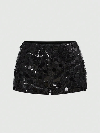 ROMWE Grunge Punk Spring/Summer Carnival Party Luxury Sequin Women's Sexy Super Low Waist Glitter Sequin Mini Shorts, Suitable For Summer Beach, Graduation, Easter, Concert, Nashville Vacation, Prom