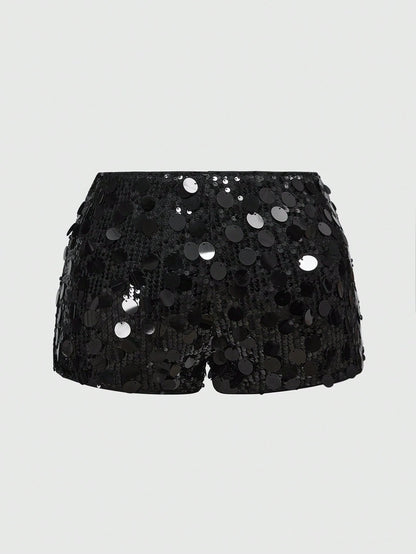 ROMWE Grunge Punk Spring/Summer Carnival Party Luxury Sequin Women's Sexy Super Low Waist Glitter Sequin Mini Shorts, Suitable For Summer Beach, Graduation, Easter, Concert, Nashville Vacation, Prom