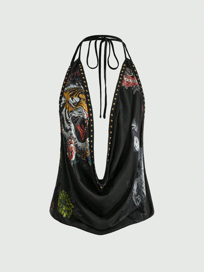 ROMWE Grunge Punk Y2K Vintage Rivet Retro Tiger Head & Geisha Print Rhinestone Sexy Deep Draped Neck Camisole For Women