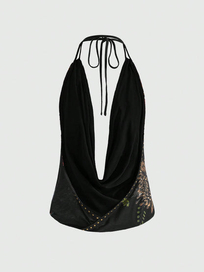 ROMWE Grunge Punk Y2K Vintage Rivet Retro Tiger Head & Geisha Print Rhinestone Sexy Deep Draped Neck Camisole For Women