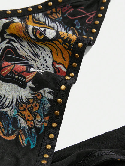 ROMWE Grunge Punk Y2K Vintage Rivet Retro Tiger Head & Geisha Print Rhinestone Sexy Deep Draped Neck Camisole For Women