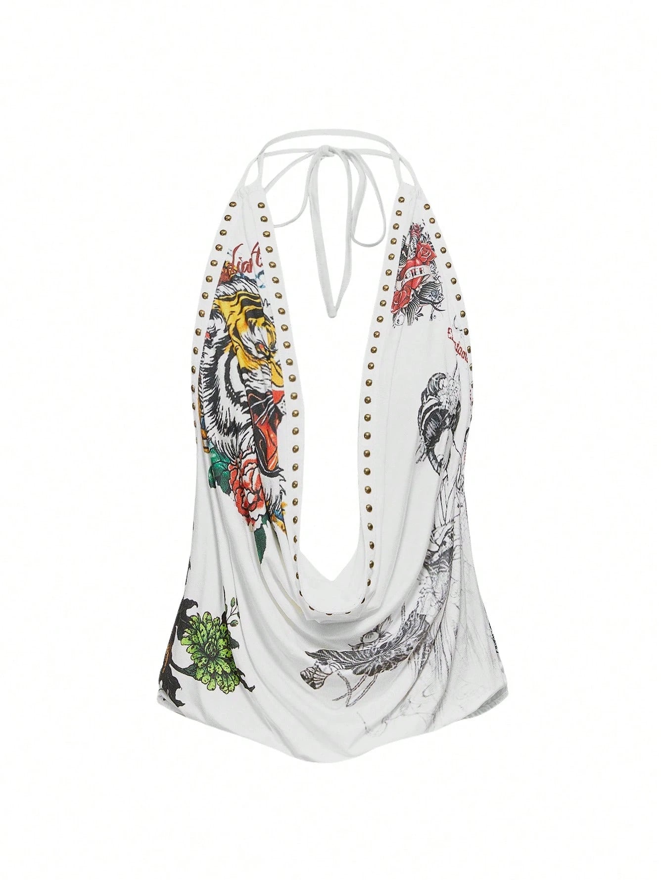 ROMWE Grunge Punk Y2K Vintage Rivet Retro Tiger Head & Geisha Print Rhinestone Sexy Deep Draped Neck Camisole For Women